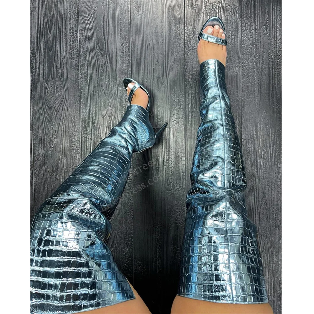 Embossed Leather Patterned High Heel Boots Women Sexy Round Toe Stiletto Heel Summer New Back Zipper Over The Knee Boot