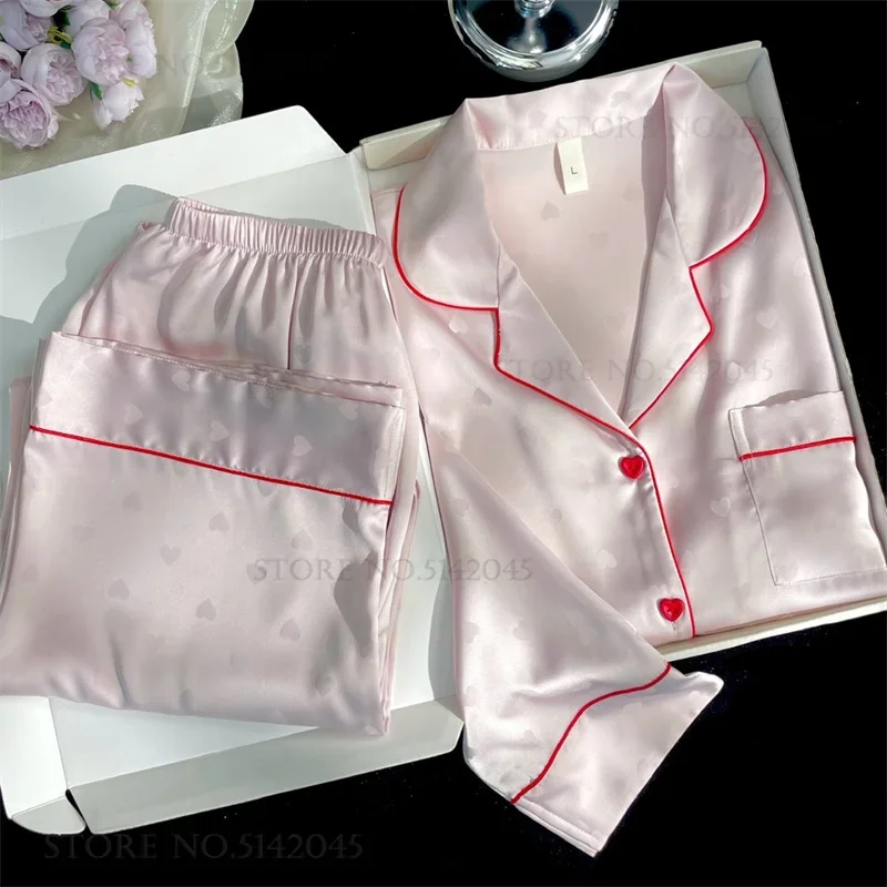 

Новый весенний женский пижамный комплект: шелковистая атласная пижама с длинным рукавом и брюками, нежный сексуальный розовый жаккардовый домашний костюм