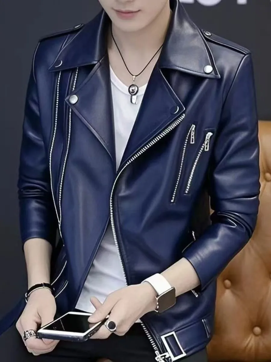 

Cleanfit Motorcycle Sle Men's PU Leather Jaet Personali Slimming Casual Faionable Home Wear Long Sve Zipper Coat