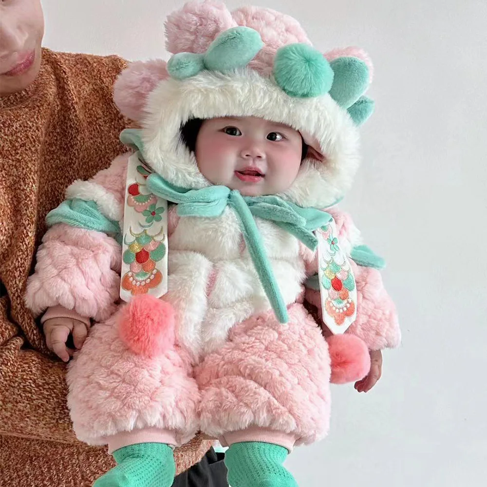 

2025 Winter Hanfu Children's Clothing First Birthday Outfit Baby Romper Newborn Bodysuit New Year Outfit Outdoor Wear