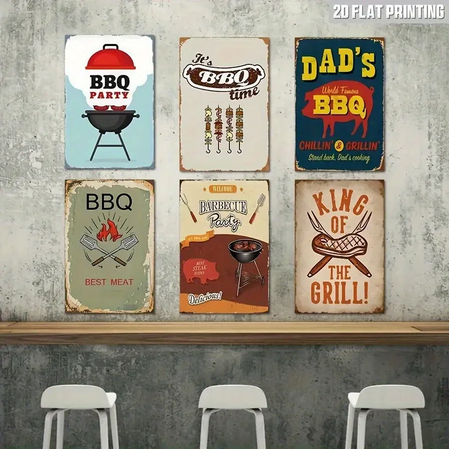 [JIT] 6 قطع ملصق معدني للشواء مقاس 8.0 × 12.0 بوصة ديكور جداري عتيق للفناء للرجال الكهف والمطبخ الخارجي وهدية لمحبي الشواء