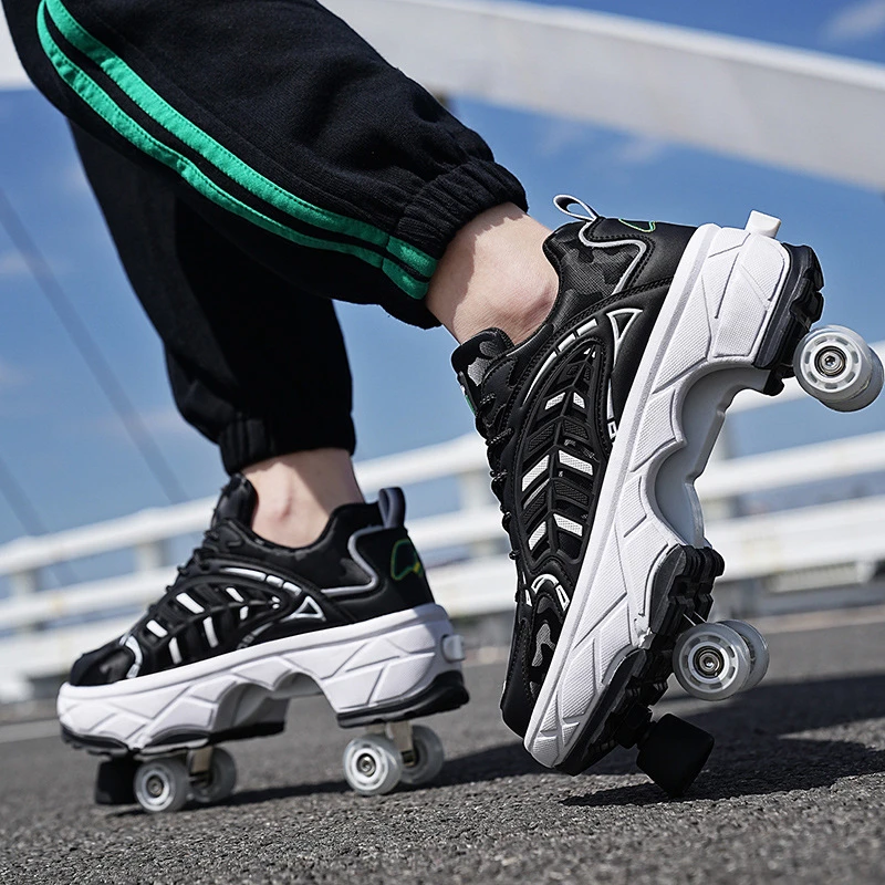 4 Wheels Casual Roller Skates Parkour Sneakers Roller Skating Shoes Street Urban Fitness Sneakers Quad Deformation Roller Skates