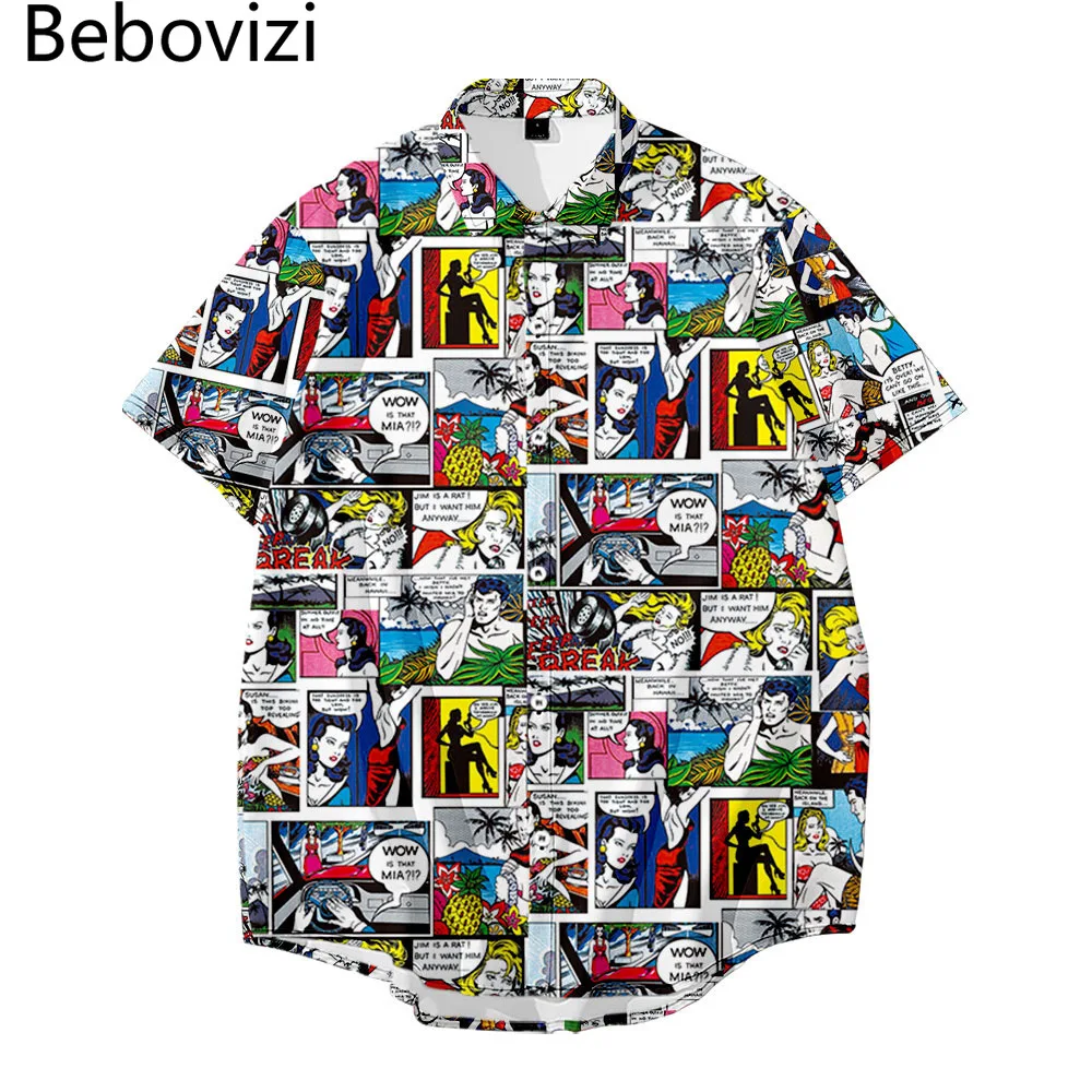 Camisa havaiana masculina streetwear quadrinhos imprimir praia turn-down-collar camisa casual verão manga curta oversized 4xl 5xl 6xl