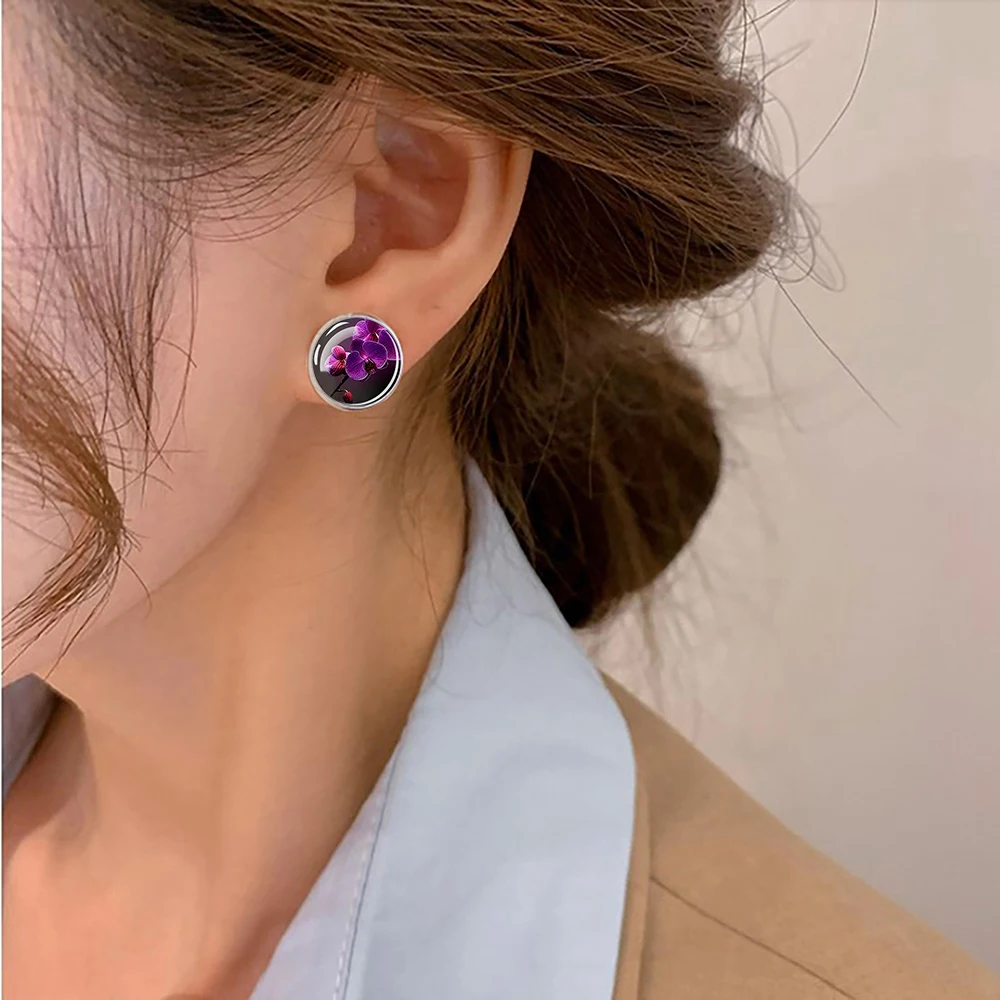 1 Pair Flower Cute Earrings for Women Girls Lilac Roses Cherry Blossom Lotus Poppy Glass Dome Stud Earring Fashion Jewelry Gift