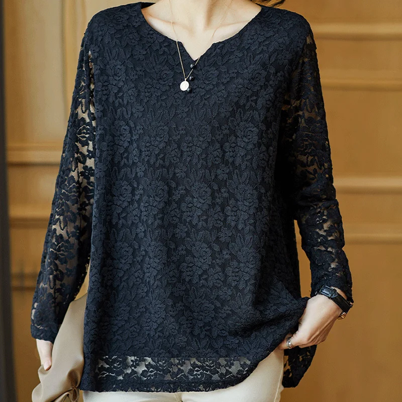 Spring Autumn New Solid Color Fashion Long Sleeve T-Shirts Women High Street V-neck Elegant Lace Patchwork All-match Pullovers