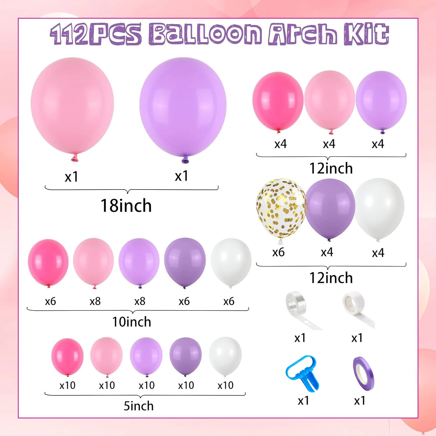 112PCS Pink and Purple Latex Balloon Set Suitable for Birthday Parties, Weddings, Valentine's Day Party Decorations