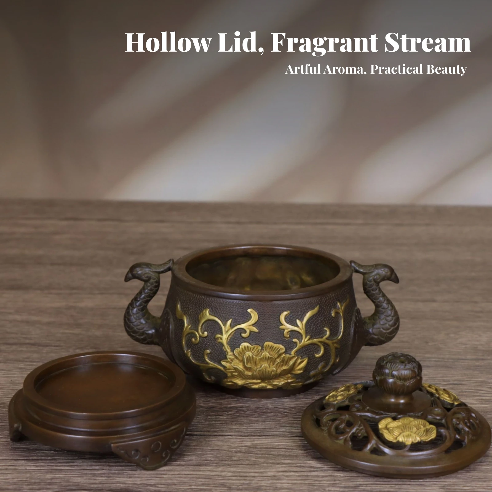Lidded Copper Incense Burner Embossed Floral Gold-Tone Side Handles Home Decor Phoenix Incense Burner