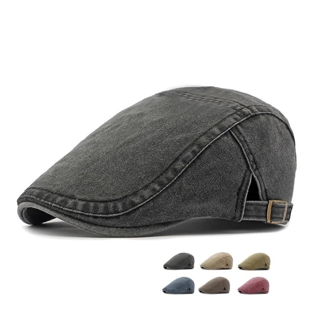 

Retro Cotton Washed Denim Newsboy Caps British Style Solid Color Painter Beret Forward Hat Adjustable Peaked Cap Summer