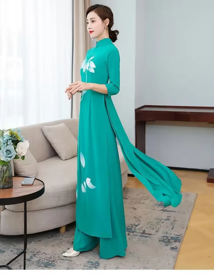2026 Klassisches Lotus-Print-Aodai-Qipao-Set im chinesischen Stil, Literatur- und Kunst-Design, Zen-Kleidungsstück, anmutiges Feentanz-Qipao