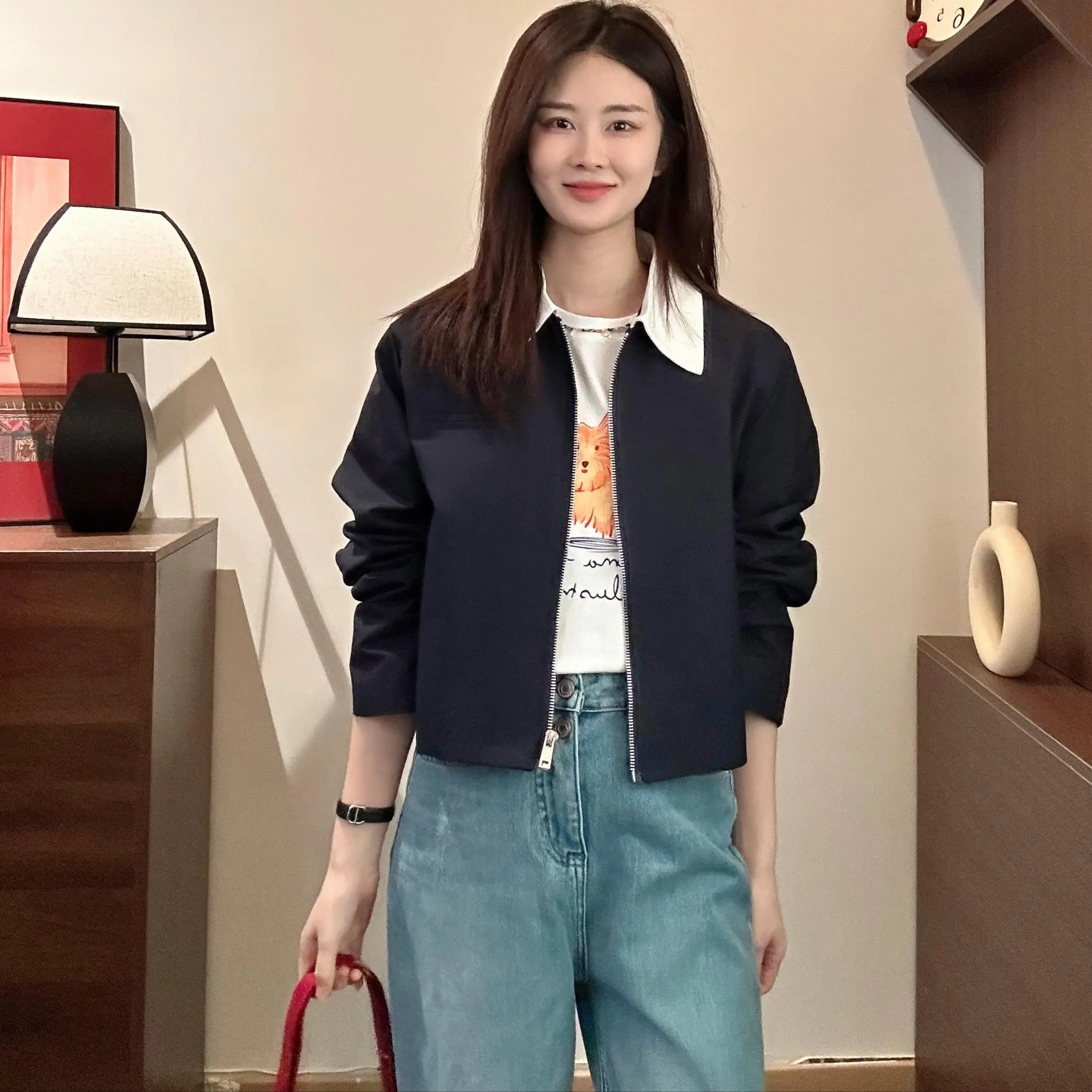 

Young Sena ort Casual Faionable Versatile Spring Design Coat Y604 Organic Cotton Collar Zipper Closure Color