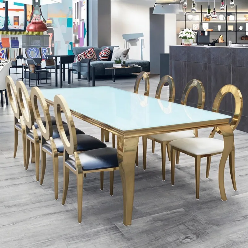Light glass dining table and chairs simple and fashionable hotel restaurant rectangular dining table stainless steel