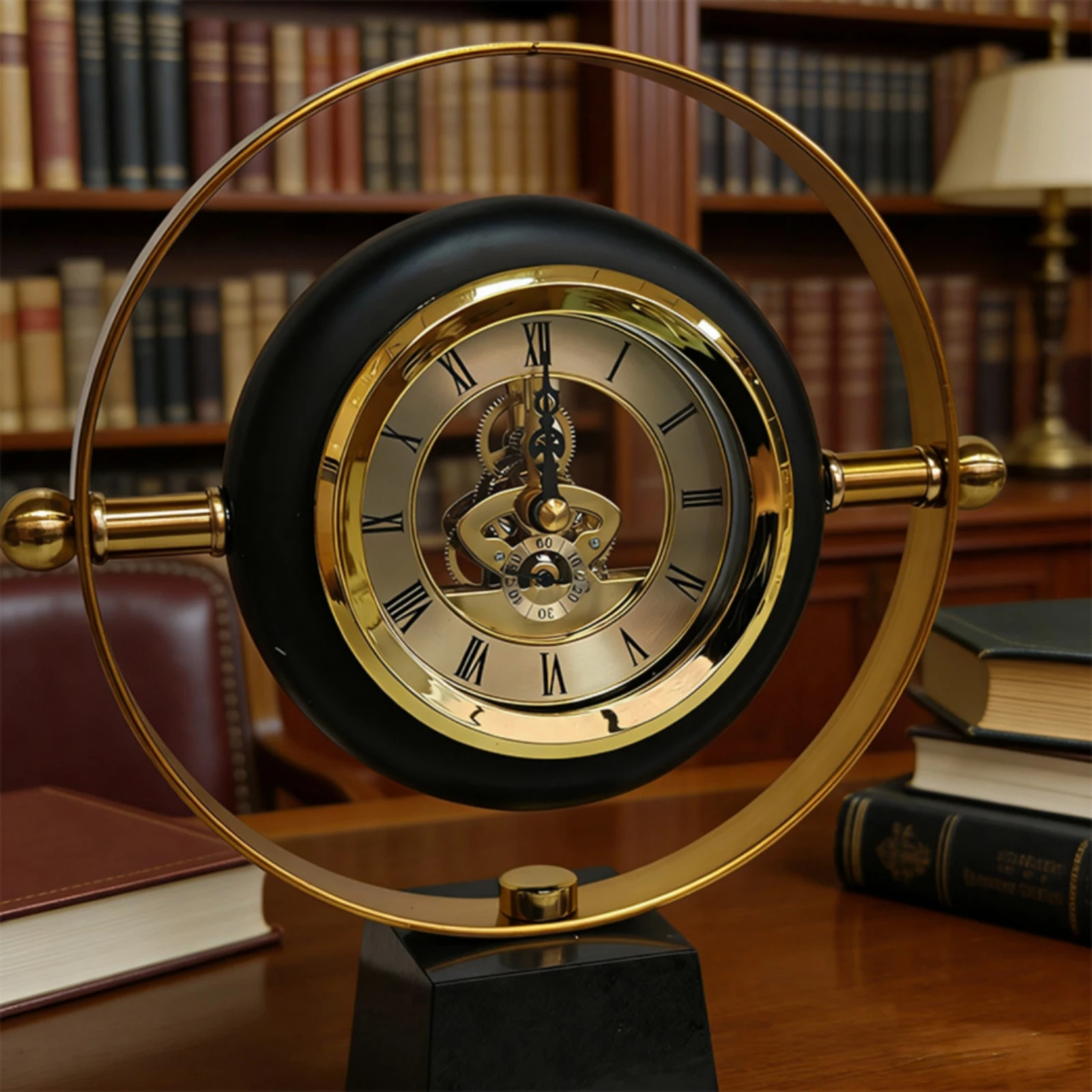 Clock with Pedestal Base Decorative Circular Table Clock Sculptural Easy to Read for Bookshelf, Office