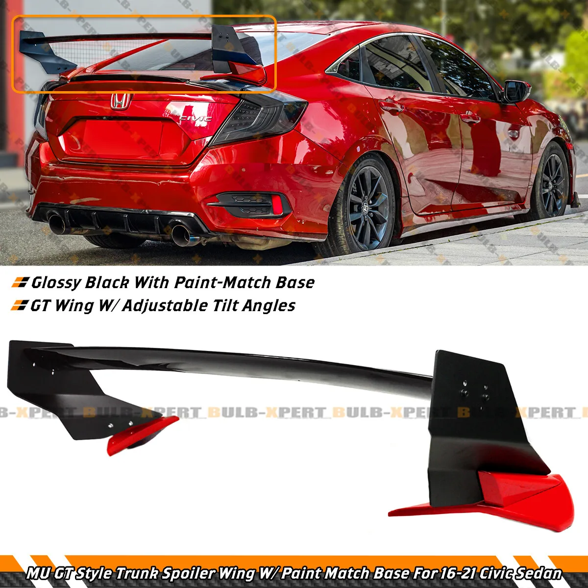 

Спойлер на багажник для Honda Civic Sedan 2016-2021, в стиле MU GT, двухцветный (красный и черный)