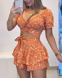 Women Two-Piece Set Sexy V-Neck Knotted Print Criss-Cross Short Top and Shorts Skirts Outfits for Women Sets Summer Outfits