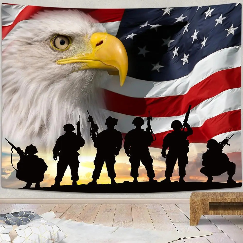 American Flag Military Soldiers Tapestry – Patriotic Eagle & Sunset Wall Hanging for Living Room, Bedroom, Dorm & Man Cave Decor 3