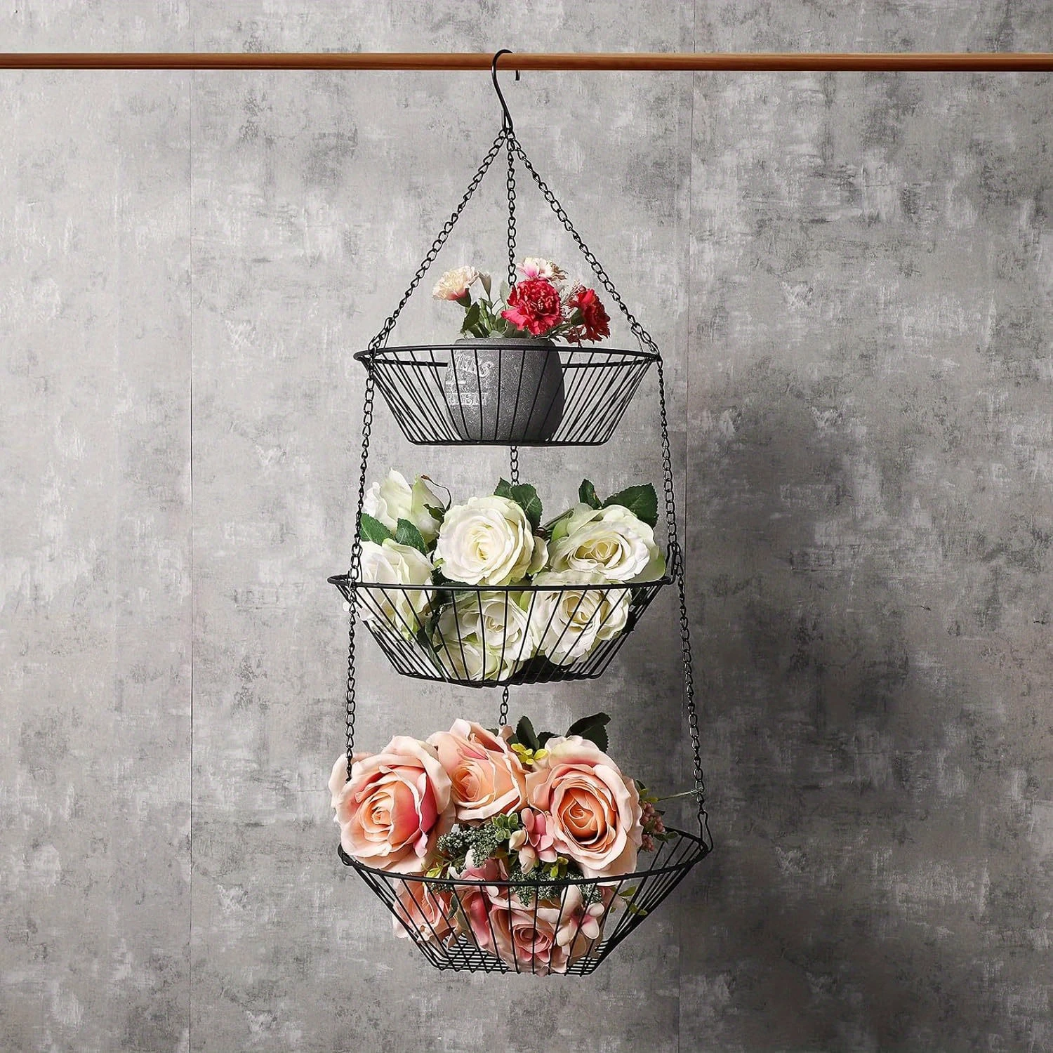 1pc Hanging Fruit Basket - Space-Saving Three-Tiered  with Hollowed-Out Design, Foldable and Durable Iron Construction - Perfect