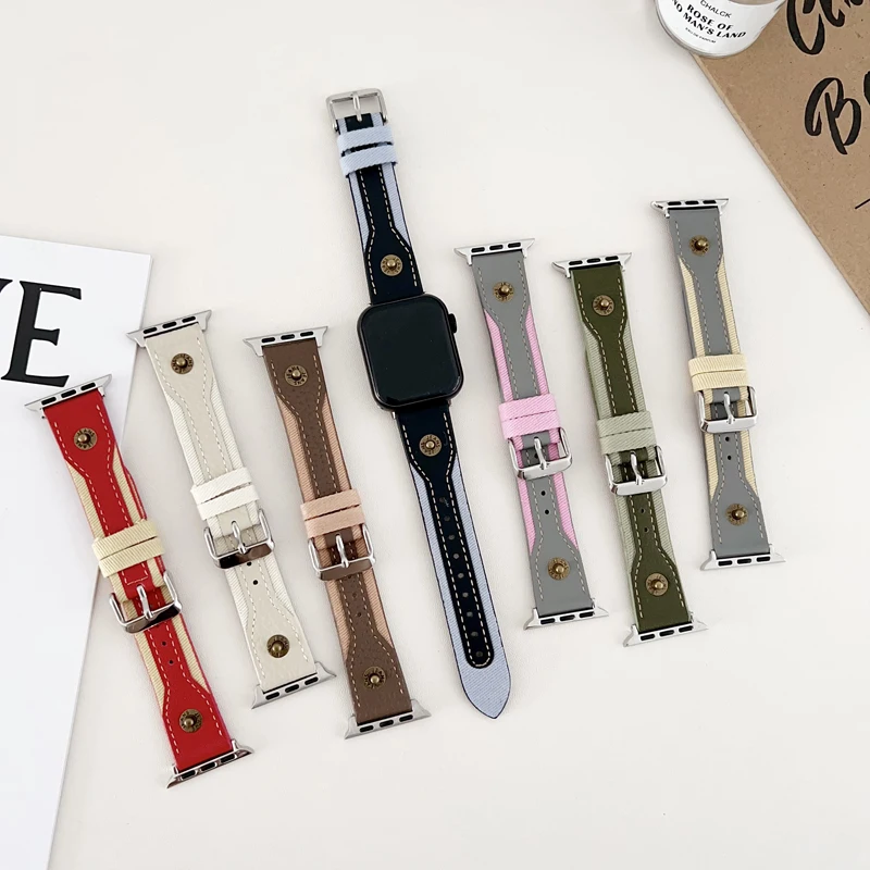 

Riveted Denim Canvas Strap for Apple Watch Band 40mm 45mm 44mm 42 41 38 Correa Bracelet for IWatch Series 9 8 7 6 SE 5 4 3 Wrist