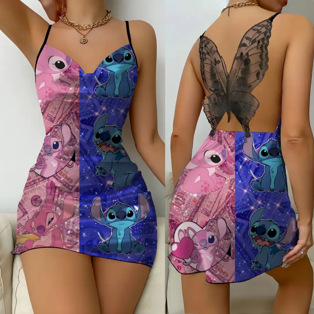 

Sexy Home Nightdress Disney Star and Stitch Korean Summer Dress Female 2024 Formal Occasion Dress Lettuce Edge Bow Beach Dress