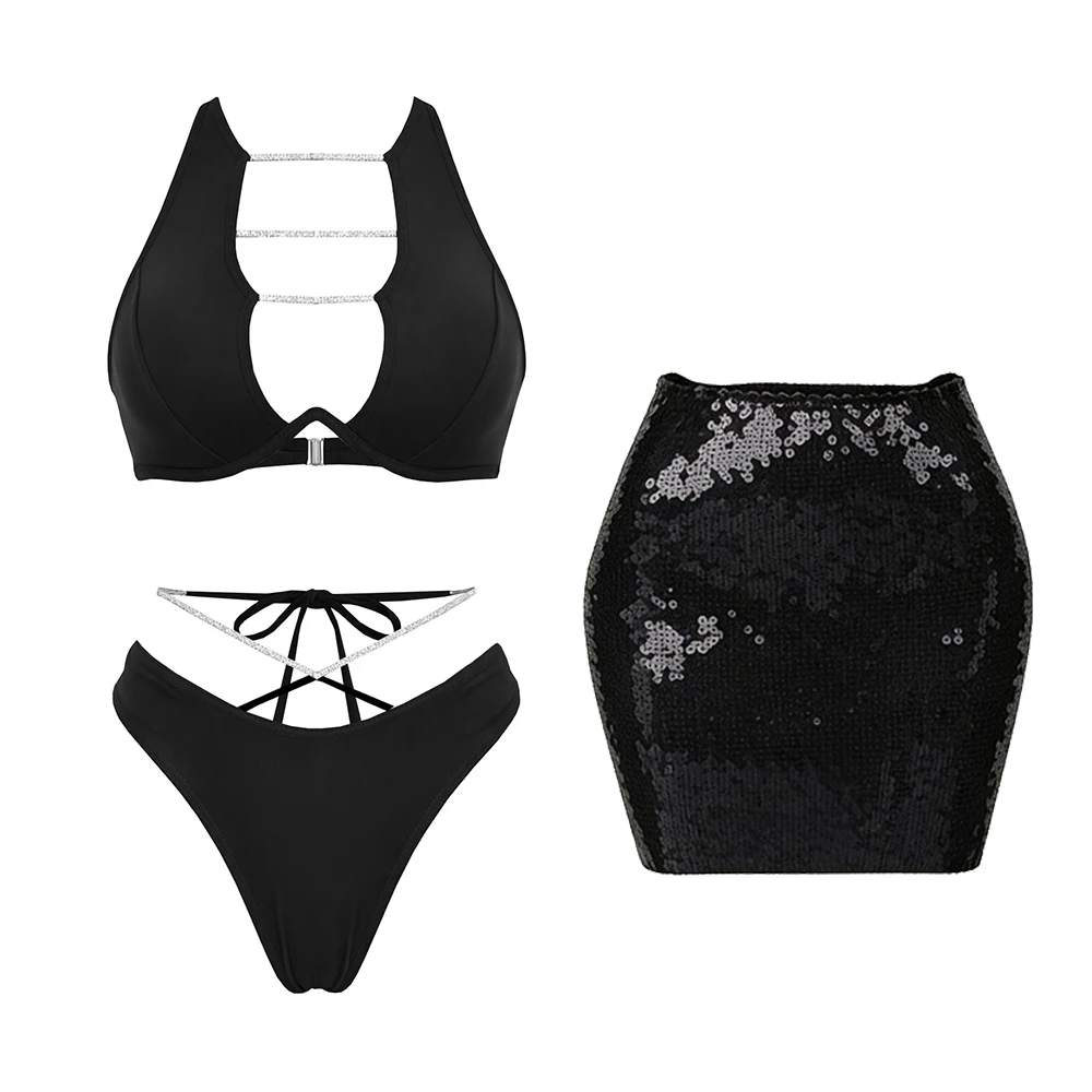 Chic Bandage Bikini With Shiny Short Skirt Women 3Pcs Swimsuit Sexy Cut Out Biquini Lady Swimwear Bathing Suit Female Beachwear