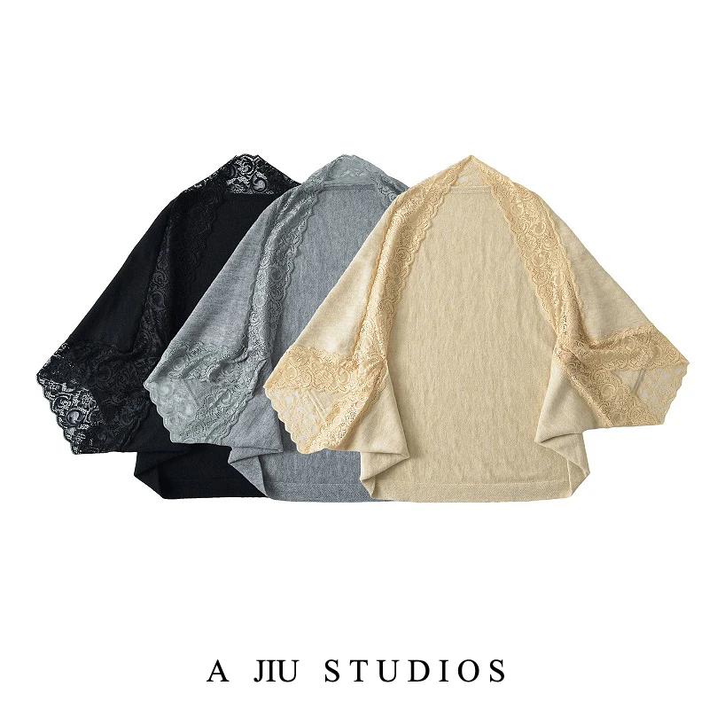 

Lace Trim Knitted oulder Wrap Coat Women's Ele Loose Lazy Sle Outerwear Open Cardigan Street Faion Mid-Length Long ...