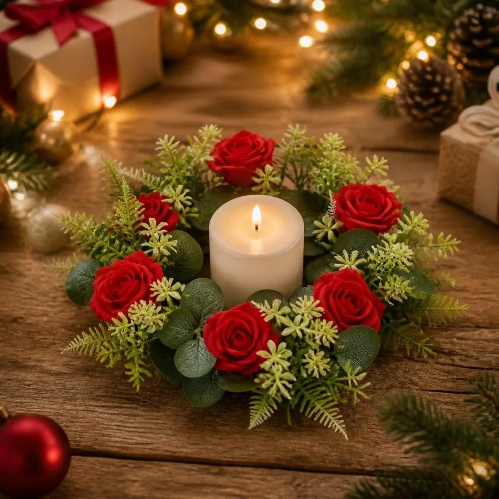 Rose Wreath Candle Holder Artificial Green Leaves Exquisite Eucalyptus Leaf Candlestick Centerpiece Decoration Table Ornaments