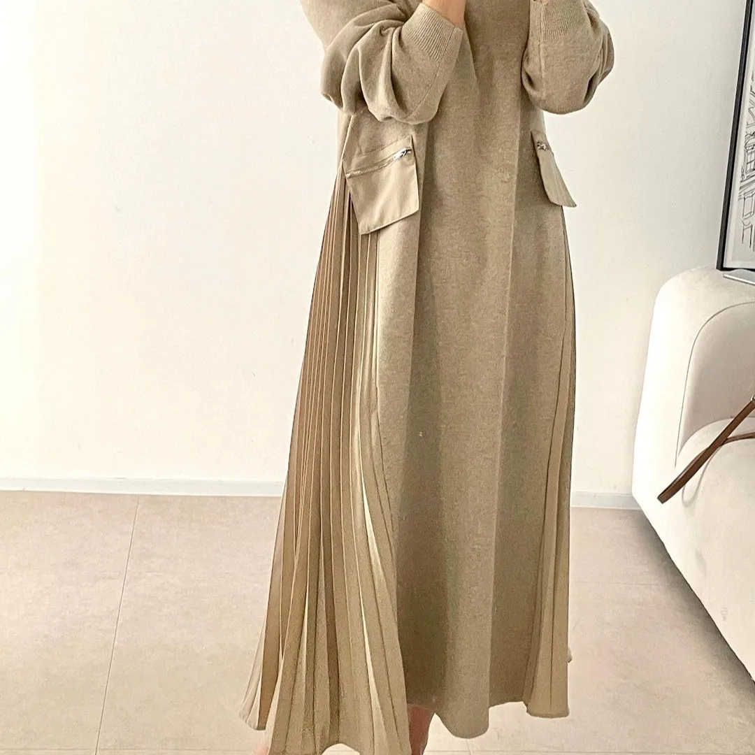 Korean Chic Early Autumn Long Sleeve Patchwork Loose Pleated Maxi Lazy Straight Tube Skirt Casual Commute Style A-Line Dress