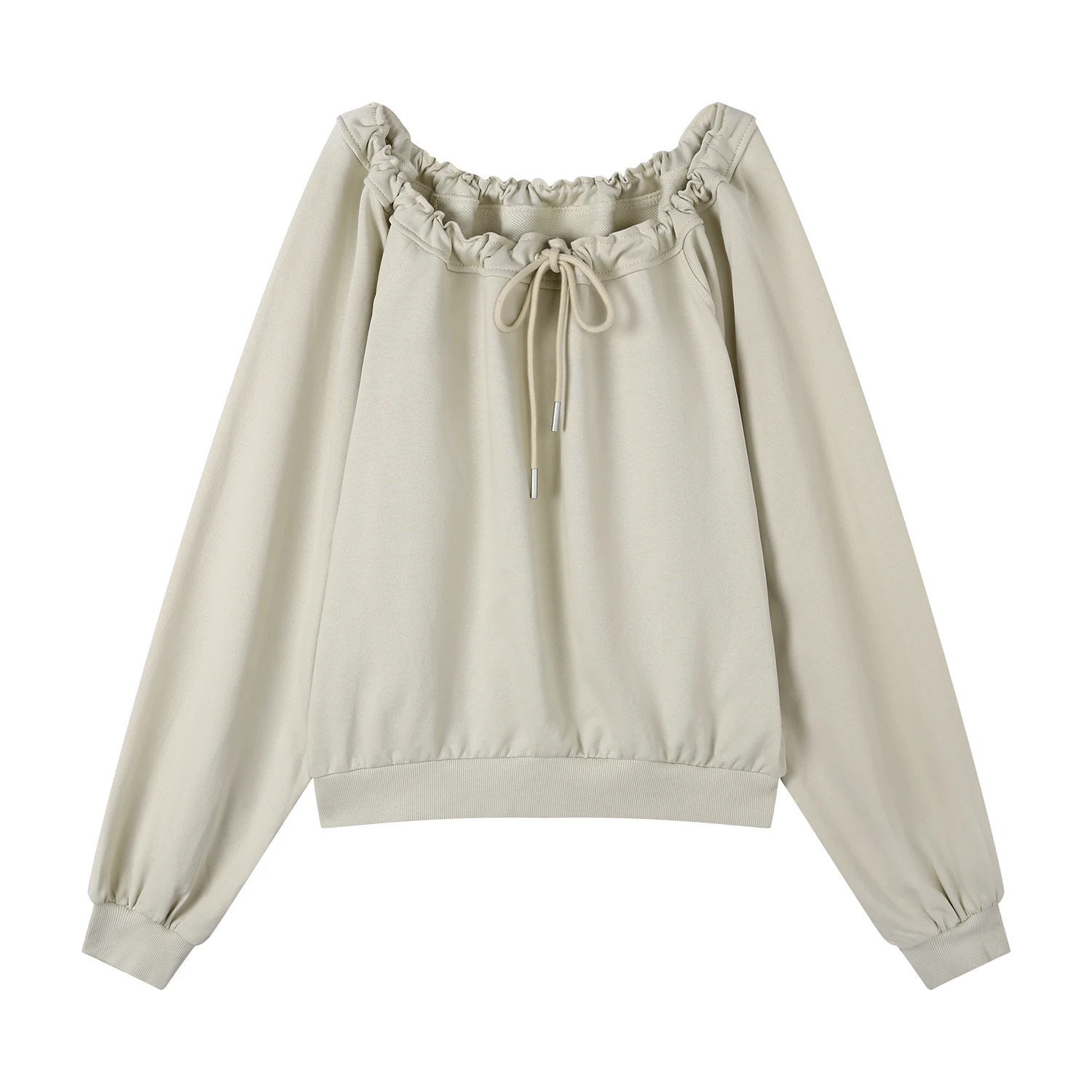 เสื้อยืดผู้หญิงคอเฉียง แขนยาว สไตล์เกาหลี ลำลอง หลวม ผูกเชือก รุ่นใหม่ ปี 2025 สำหรับฤดูใบไม้ผลิและฤดูใบไม้ร่วง