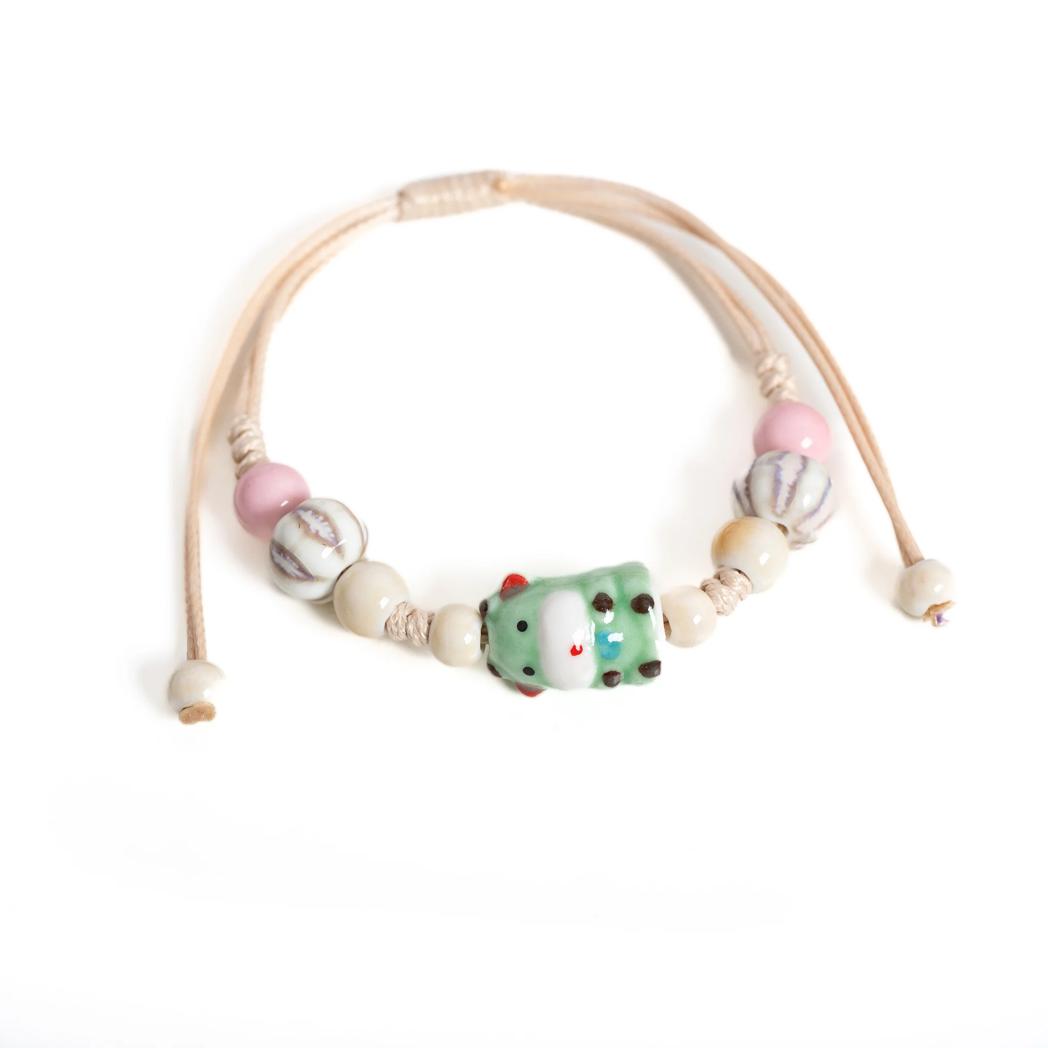 Cute Green Cow Ceramic Bracelet Handmade Wax Cord Adjustable Porcelain Animal Bead Bracelet Boho Vintage Jewelry Gift for Women view 6