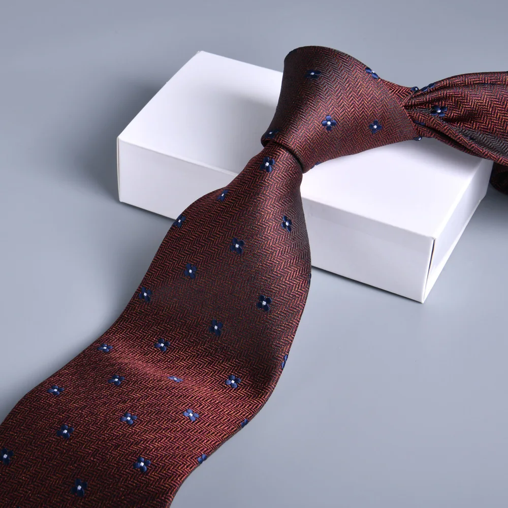 Reddish Brown Herringbone Jacquard Necktie Men 7cm Width Gravata Corbata Navy Tiny Flower Pattern Business Suit Neck Tie