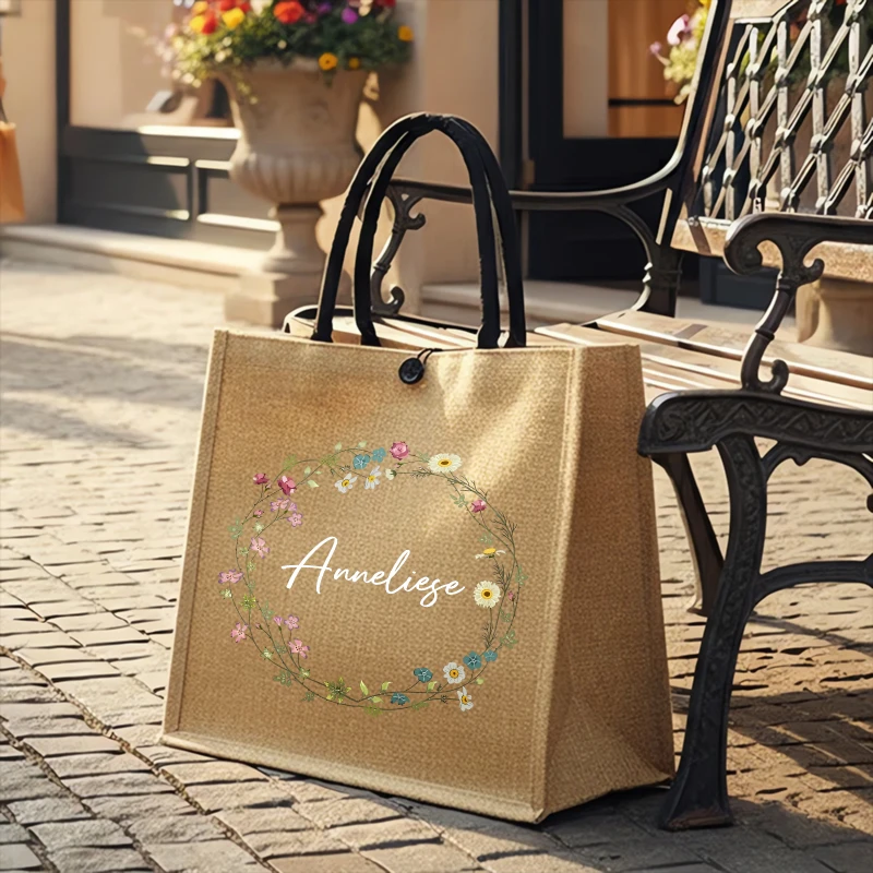 Customized Women's Handbag, Linen Tote Bag with Floral Elements, Perfect for Special Occasions and Daily Use Teacher Gifts