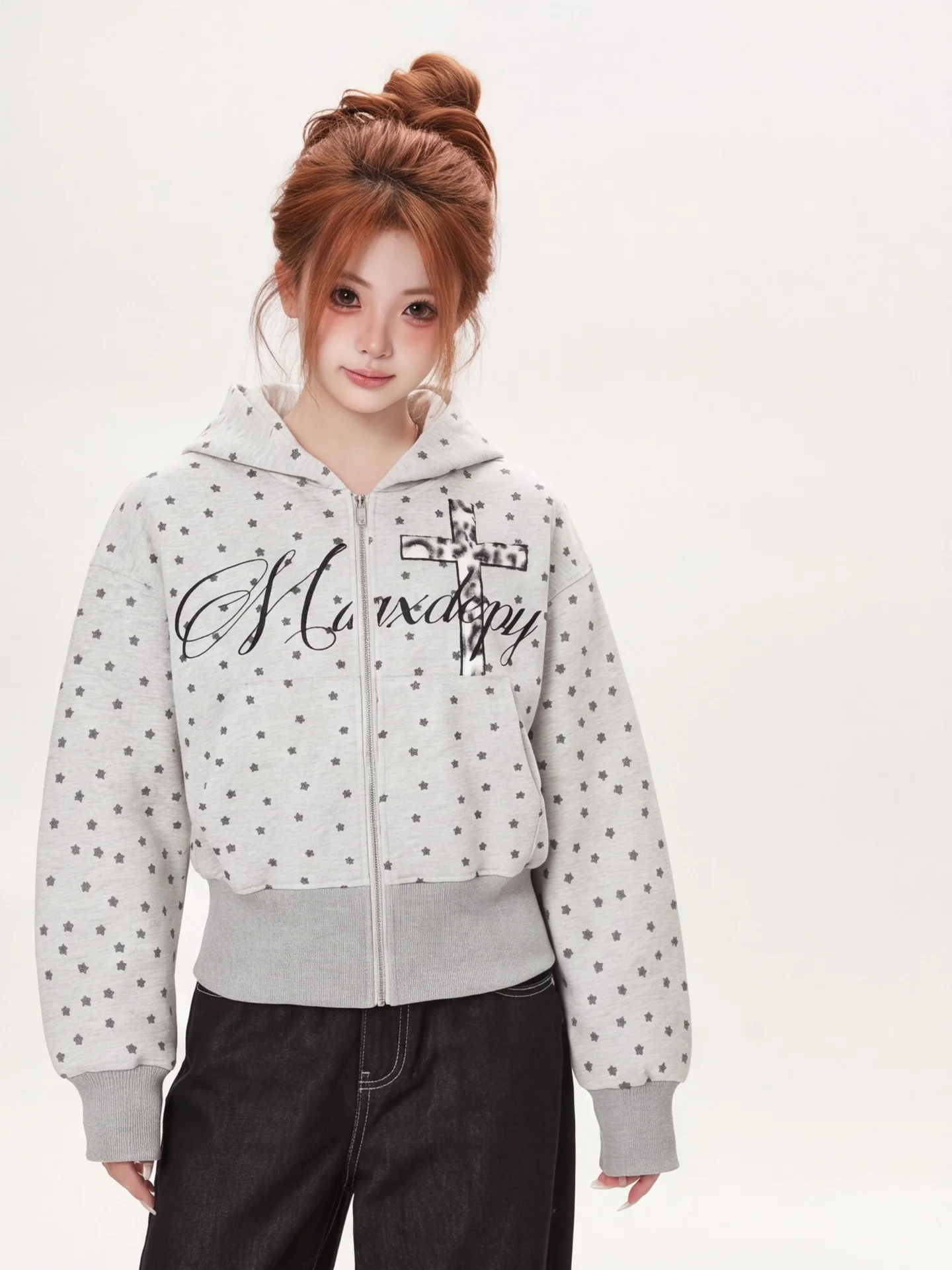 American Design Ant Zipper Hoodie Women's Spring Autumn Slimming Short Jacket Star Lettering Casual Loose Fit Long Sleeve