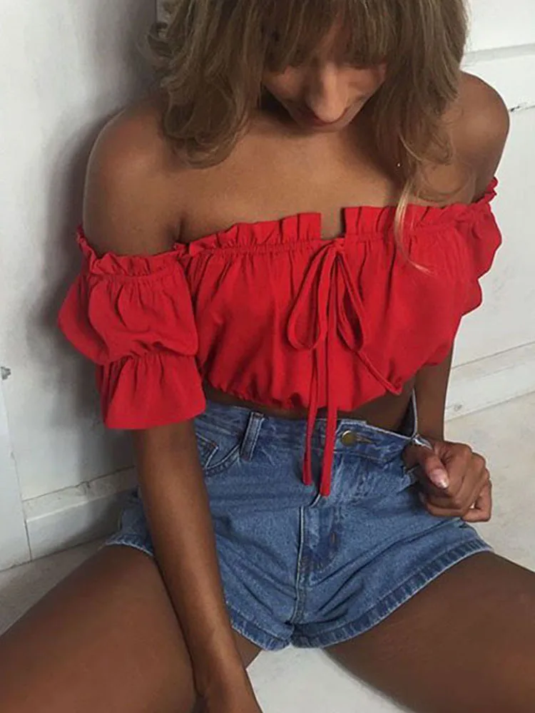 Crop tops women 2024 summer lantern sleeve sexy strapless beach tops plus size red black white ruched crop top