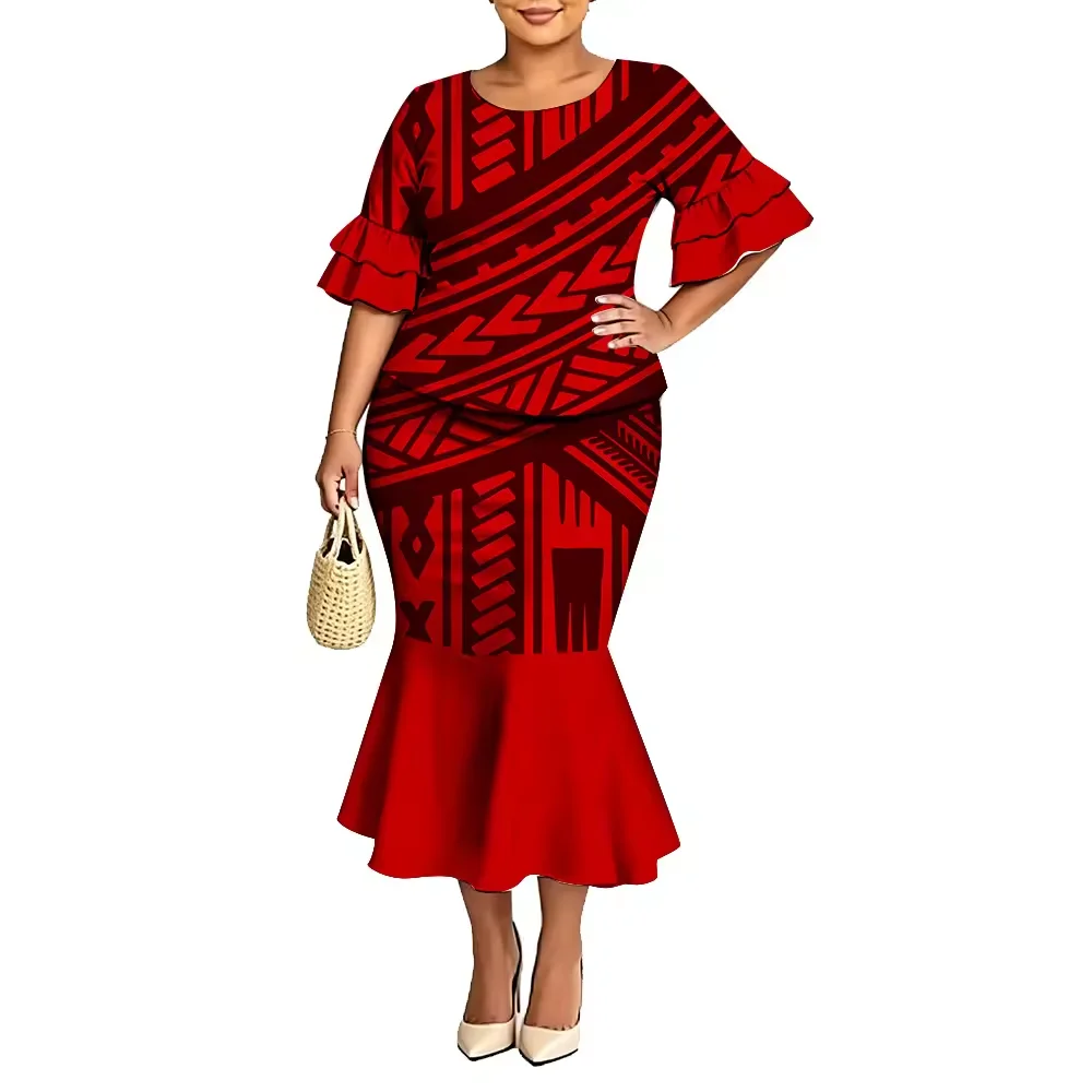 New Women Plus Size 2 Piece Puletasi Set Polynesian Tribal Pattern Red Maroon Ruffle Flare Sleeve Top Mermaid Hem Long Skirt