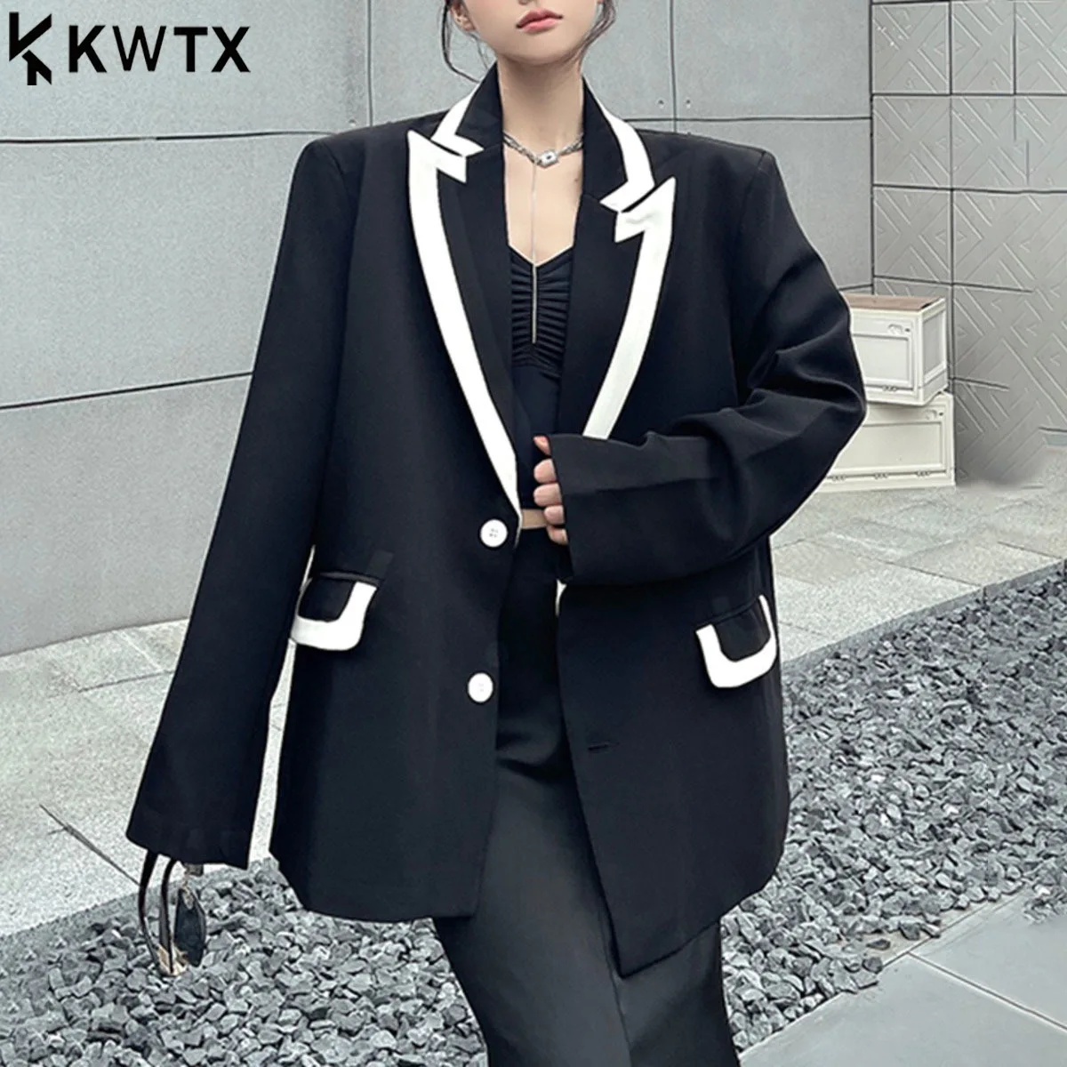 

KWTX 2025 женский черный, белый цветной блейзер с аппликацией большого размера, новая куртка с длинными рукавами и лацканами, модная весна-осень