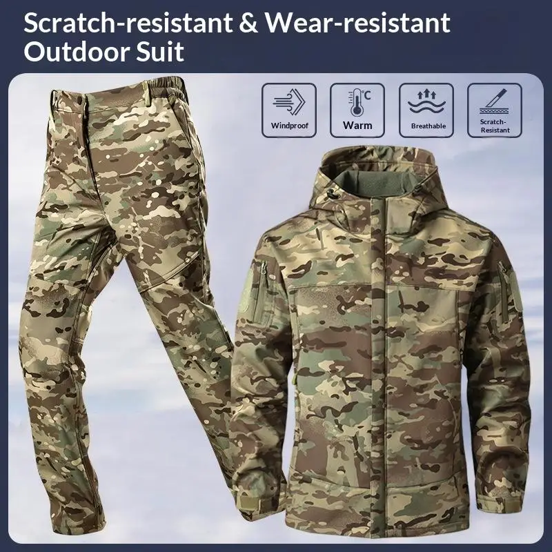 Men's Outdoor Fleece Tactical Suit Jacket Soft Shell Assault Suit Waterproof Windproof Mountaineering Camping Hunting Suit