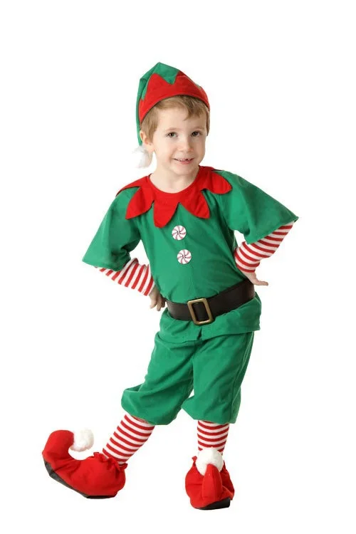 Child Men Holiday Elf Costume Outfit and Hat for Man Boys Christmas Top Pant Accessories Kid Adult Dance Party Halloween Cosplay