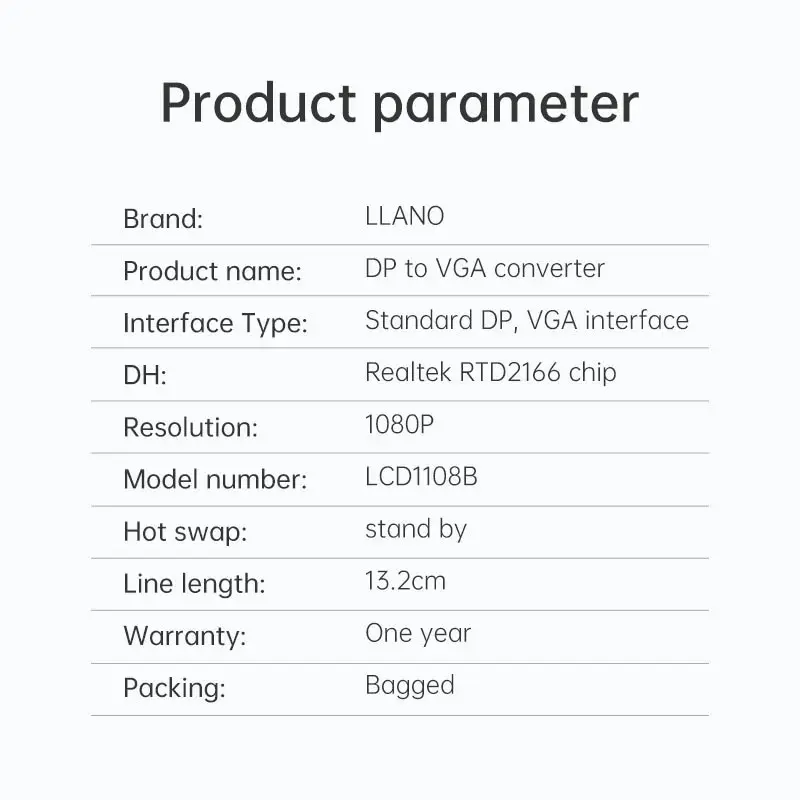 Llano Display Port DP to VGA Adapter DisplayPort męski na VGA żeński konwerter HD 1080P 60Hz do komputera PC Laptop TV Monitor Sw