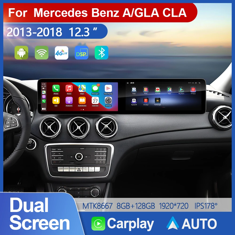 12.3inch dual Screen Car Radio For Mercedes Benz GLA CLA A Class W176 W246 Android Multimedia Video Player Stereo GPS Navigation