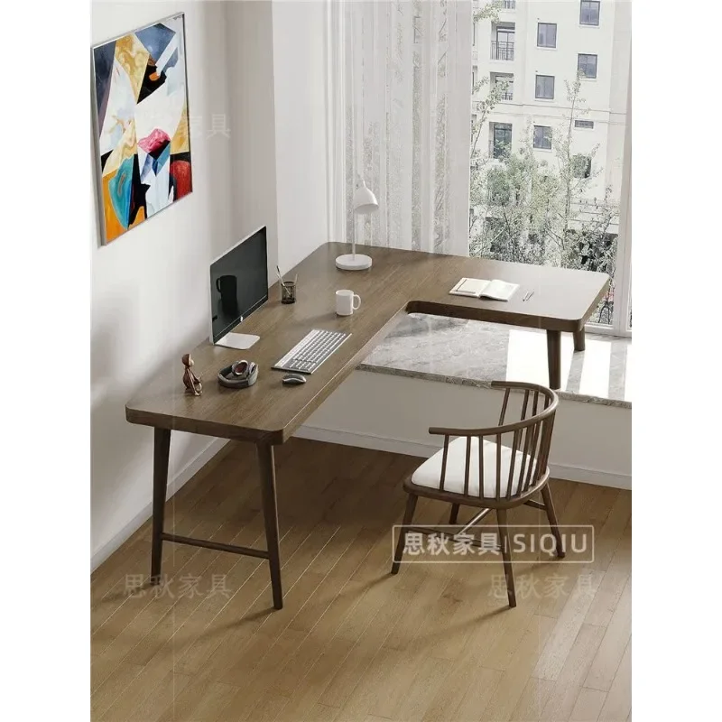 All solid wood bay window corner desk home bedroom simple high and low table long and short leg table by window L-shaped study t
