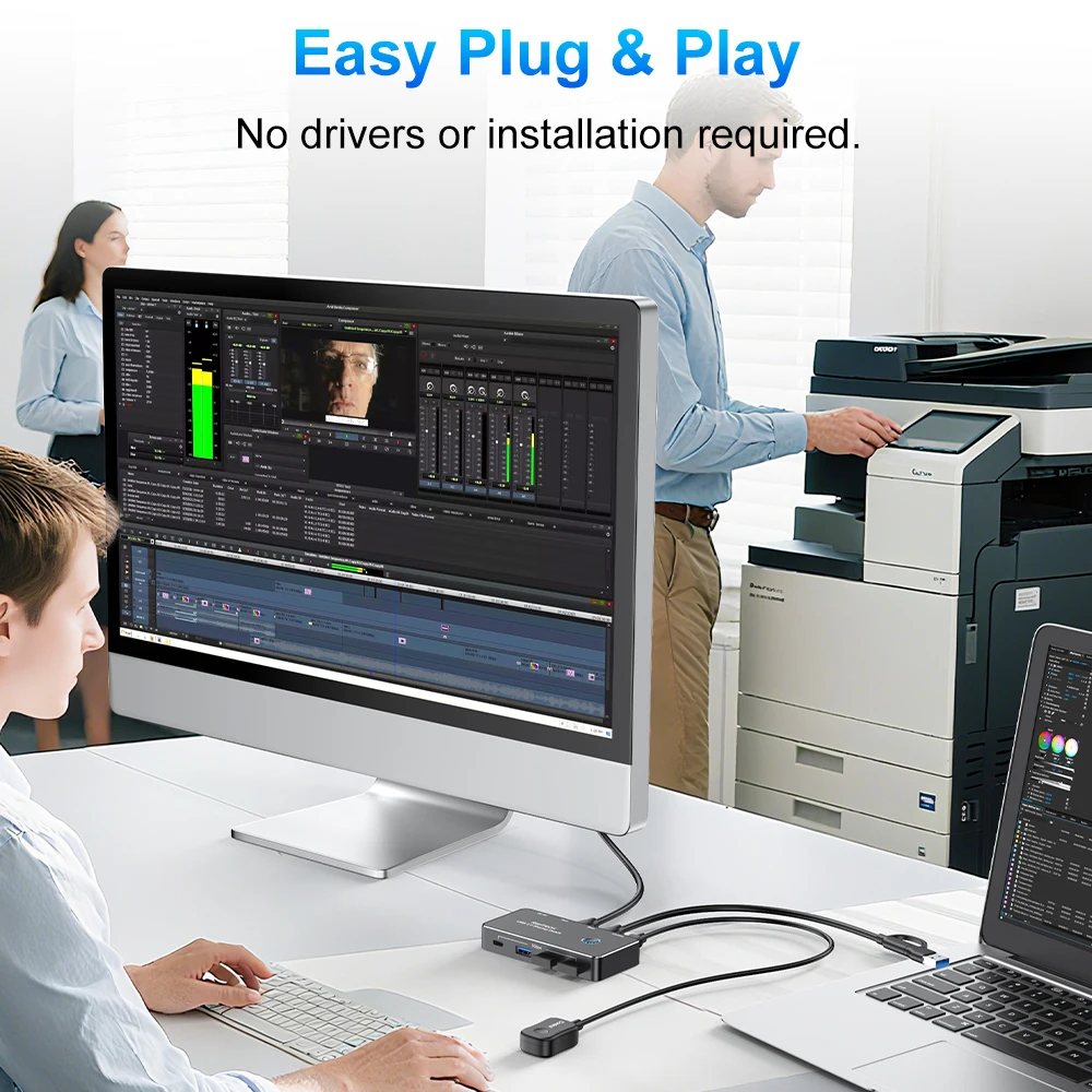 RSHTECH USB C KVM Switcher dengan Pengontrol 2 Komputer Berbagi 4 Port USB 3.0 5Gbps Switch Selector untuk Keyboard/Mouse/Flash Drive