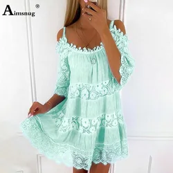 2023 Summer Women Elegant Slash Neck Dress Patchwork Lace Beach Dresses Large Big 5XL Ladies Vintage Short A-Line Dress Femme