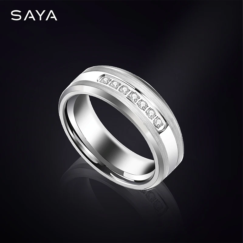 Tungsten Ring Man 8mm for Wedding with Shiny Seven CZ Stones by CNC for Men Fashion Jewelry Engraving