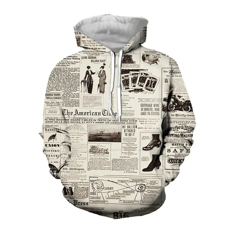 Vintage Newspaper Pattern Hoodies Fashion Mens Womens Long Sleeve Trend Streetwear 3D Printed Pullovers Casual Oversized Hoody