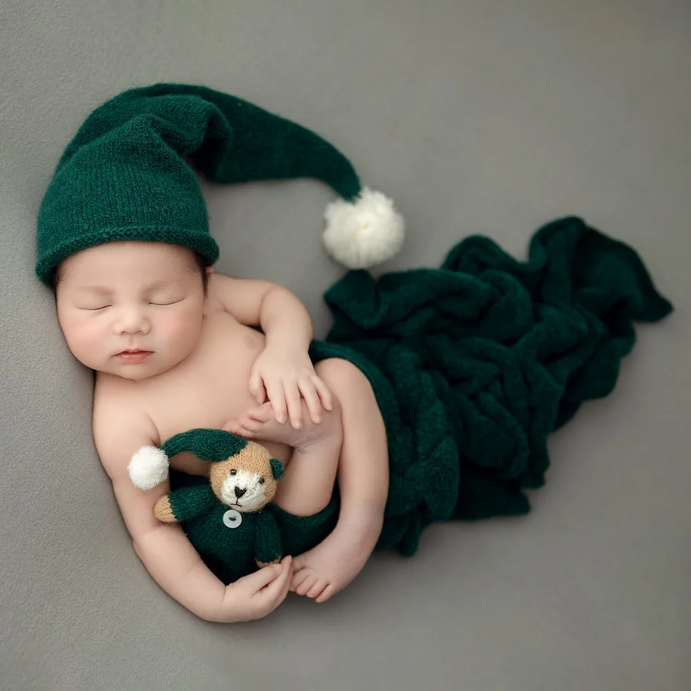 Реквизит для фотосъемки новорожденных, эластичная шерстяная упаковка | Вязаная шапка Goodnight + набор кукол, простой студийный реквизит для фотосессии
