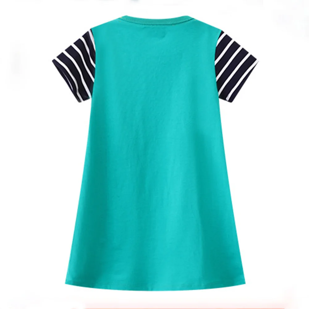 VIKITA 2025 New Children Summer Clothes Kids Short Sleeve Cotton Casual Straight Dress Girls Giraffe Cartoon Appliqued Vestidos