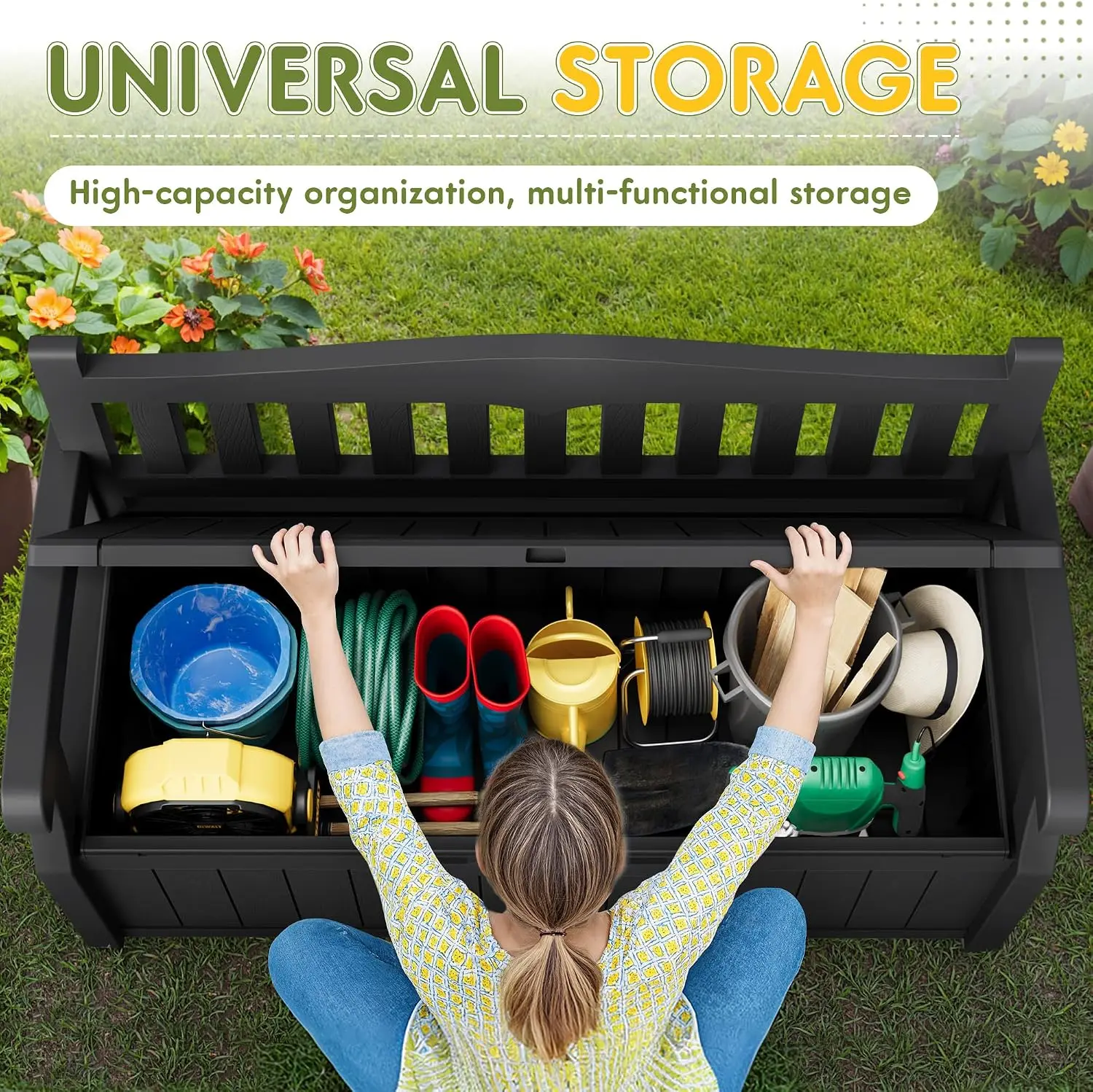 Indoor Outdoor Storage Box 80 Gallon, Large Waterproof Resin Deck Box Organizer Container With Armrest Bench Seating, Heavy Duty Weather Resistant Poolside Patio Garden Cushion Cabinet, Black view 5