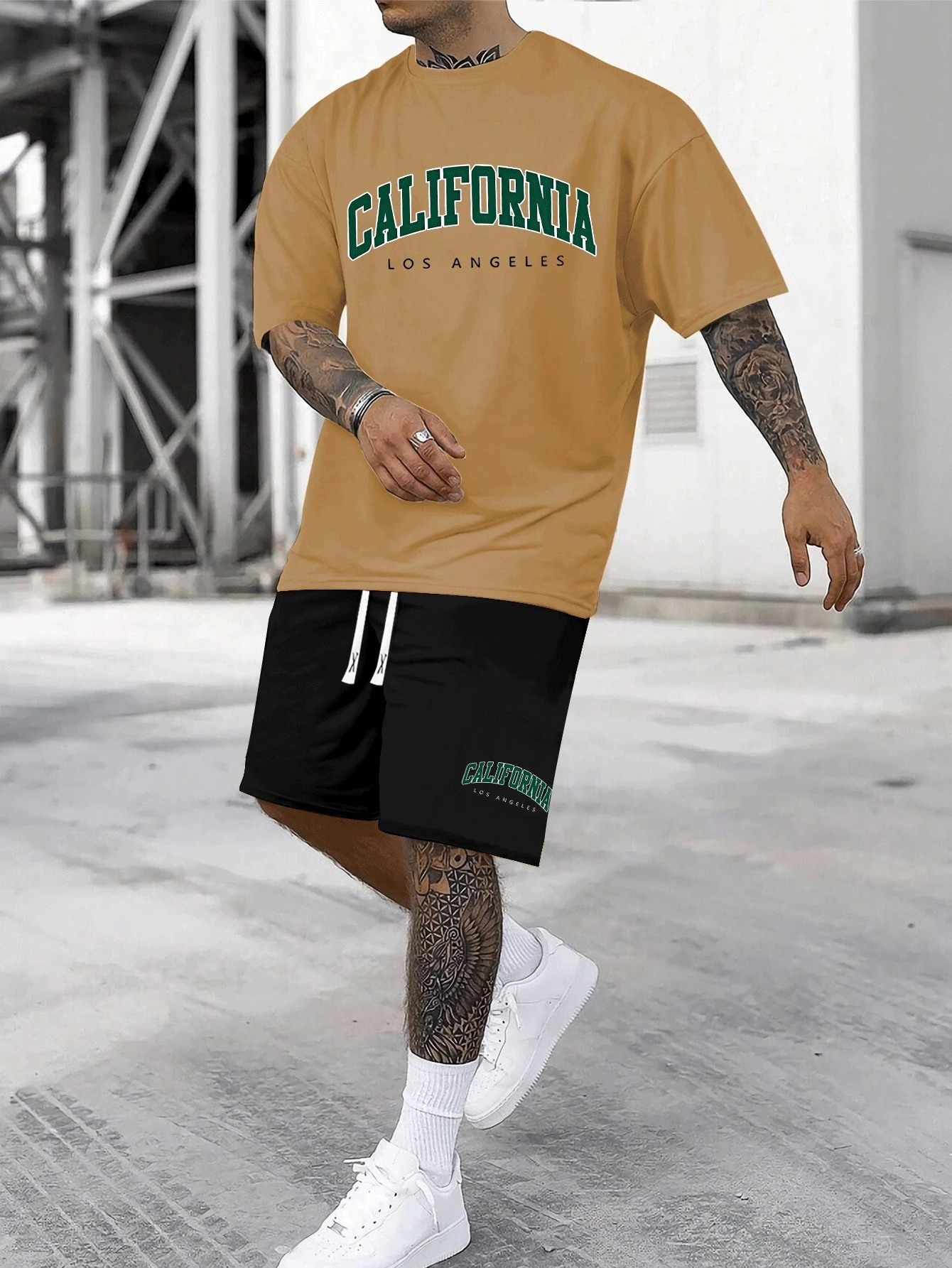 Summer Men Casual Sports Set Relaxed Fit California Letter Print Comfortable Crew Neck Short-Sleeve Top and Shorts Two-Piece Set