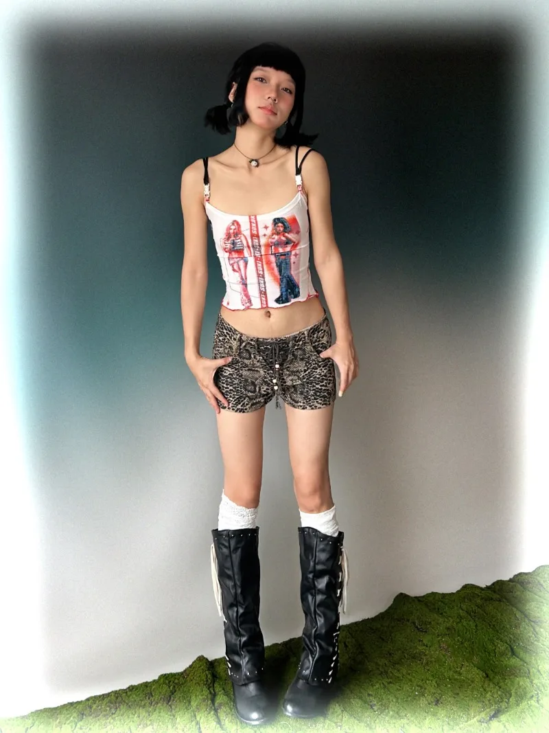 Japanese Summer Leopard Print Subculture Retro Denim Versatile Y2k Wasteland Maillard Low Waist Lace-up Design Shorts For Women