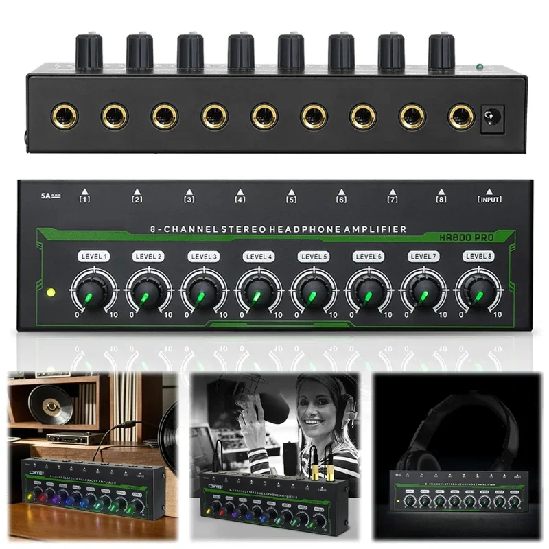 Mini stereo headphone amplifier 8 channels earphone Splitter for mixer recording headphone amplifiers portable with RGB light