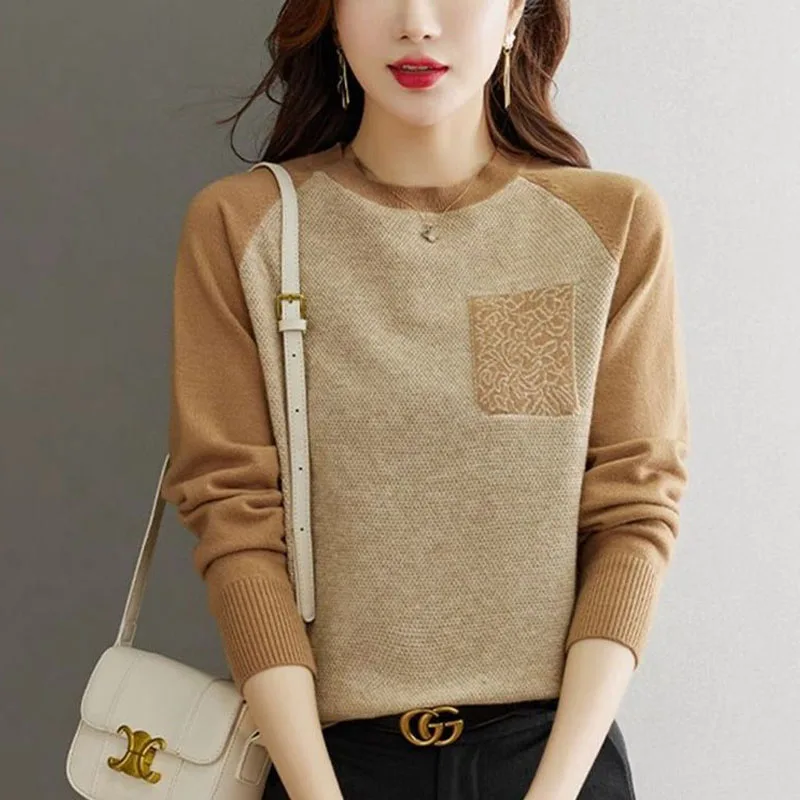 New Autumn Fashion Trend Colorblock Round Neck Loose Versatile Western Style Reducing Age Slimming Women\'s Sweater